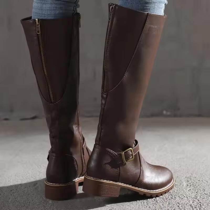 Women's casual knee high flat boots with multiple buckle straps, versatile everyday footwear.