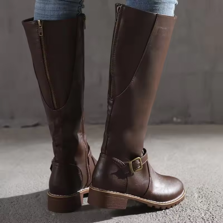 Women's casual knee high flat boots with multiple buckle straps, versatile everyday footwear.