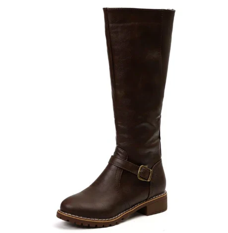 Stylish women's knee high boots with flat heels and buckle details. Essential winter fashion footwear.