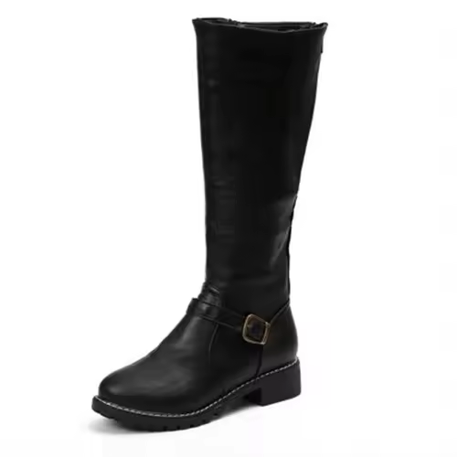 Women's knee-high flat heel fashion boots with buckle strap. Elegant & comfortable winter footwear.