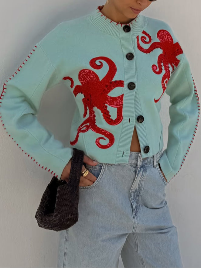 Unique women's octopus knit cardigan, a statement piece with button front. Great for casual style.