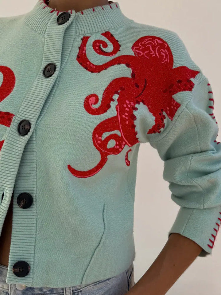 Women's long-sleeve octopus print cardigan. Versatile button-front layer for casual or unique fashion.