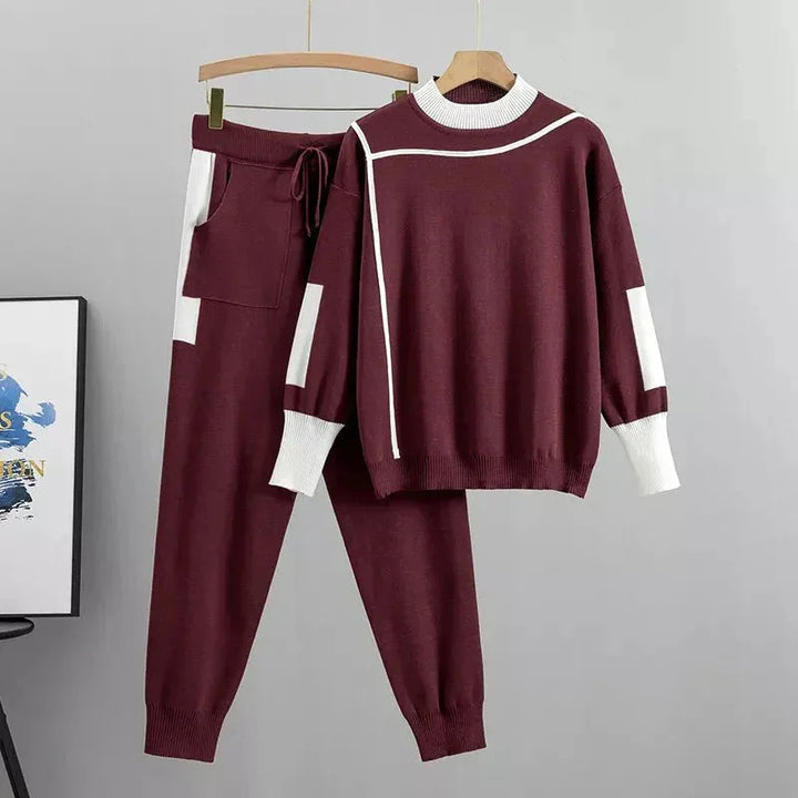 Women's knit color-block tracksuit. Mock-neck top & tapered pants loungewear set.
