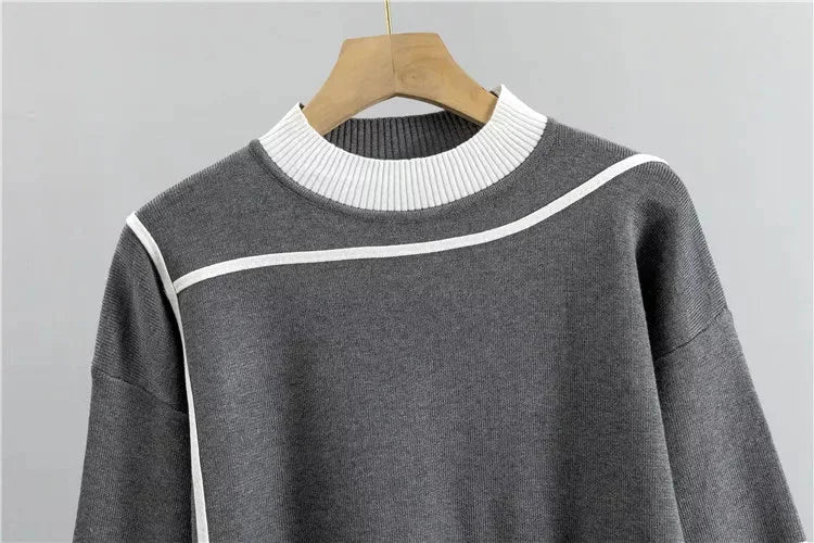 Full women's color-block knit matching set. Mock-neck tracksuit top & tapered loungewear pants.