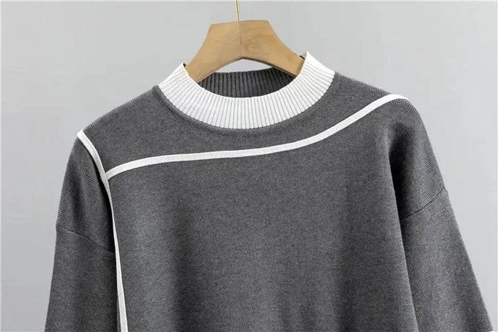 Full women's color-block knit matching set. Mock-neck tracksuit top & tapered loungewear pants.