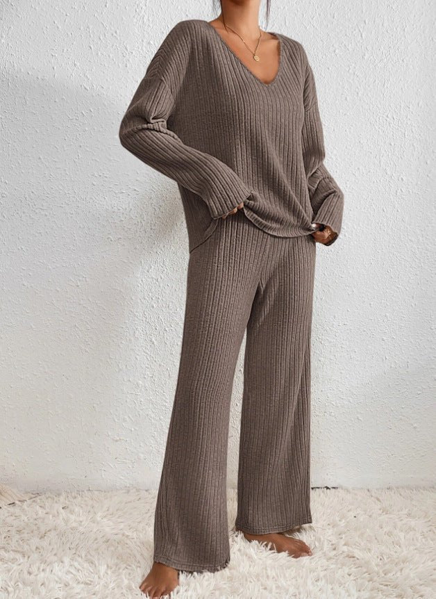 Relaxed fit women's knit loungewear set, featuring a V-neck top & wide leg pants.