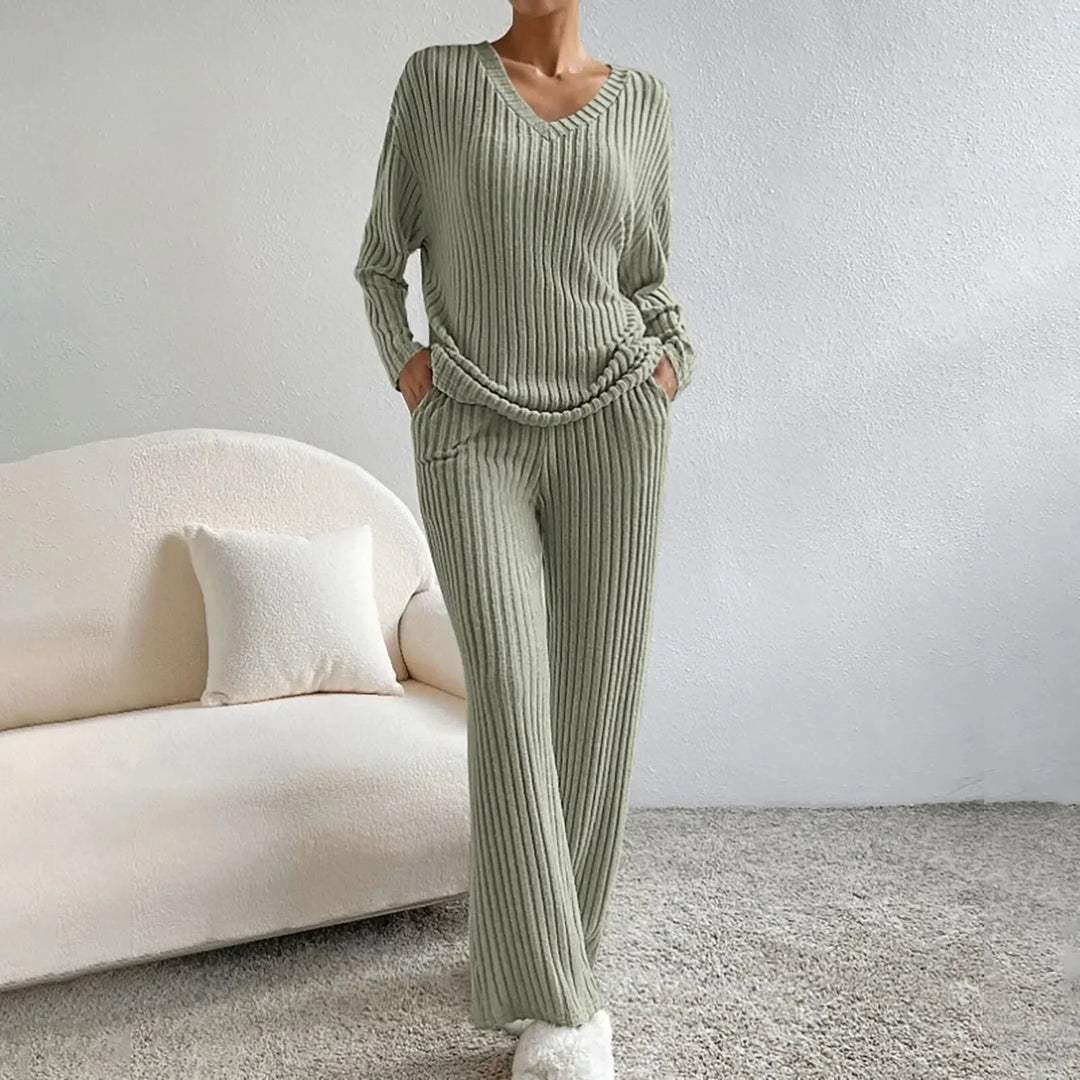 Embrace comfort with this women's knit loungewear set. V-neck top and wide leg pants included.