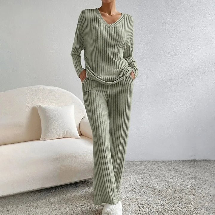 Embrace comfort with this women's knit loungewear set. V-neck top and wide leg pants included.
