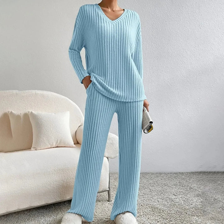 Ultimate comfort: Women's knit loungewear set. Soft V-neck top and relaxed wide leg pants.