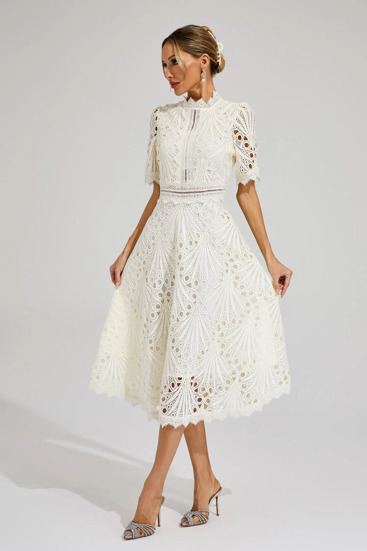 Women's lace A-line midi dress, fit & flare style. Elegant for parties & special occasions.