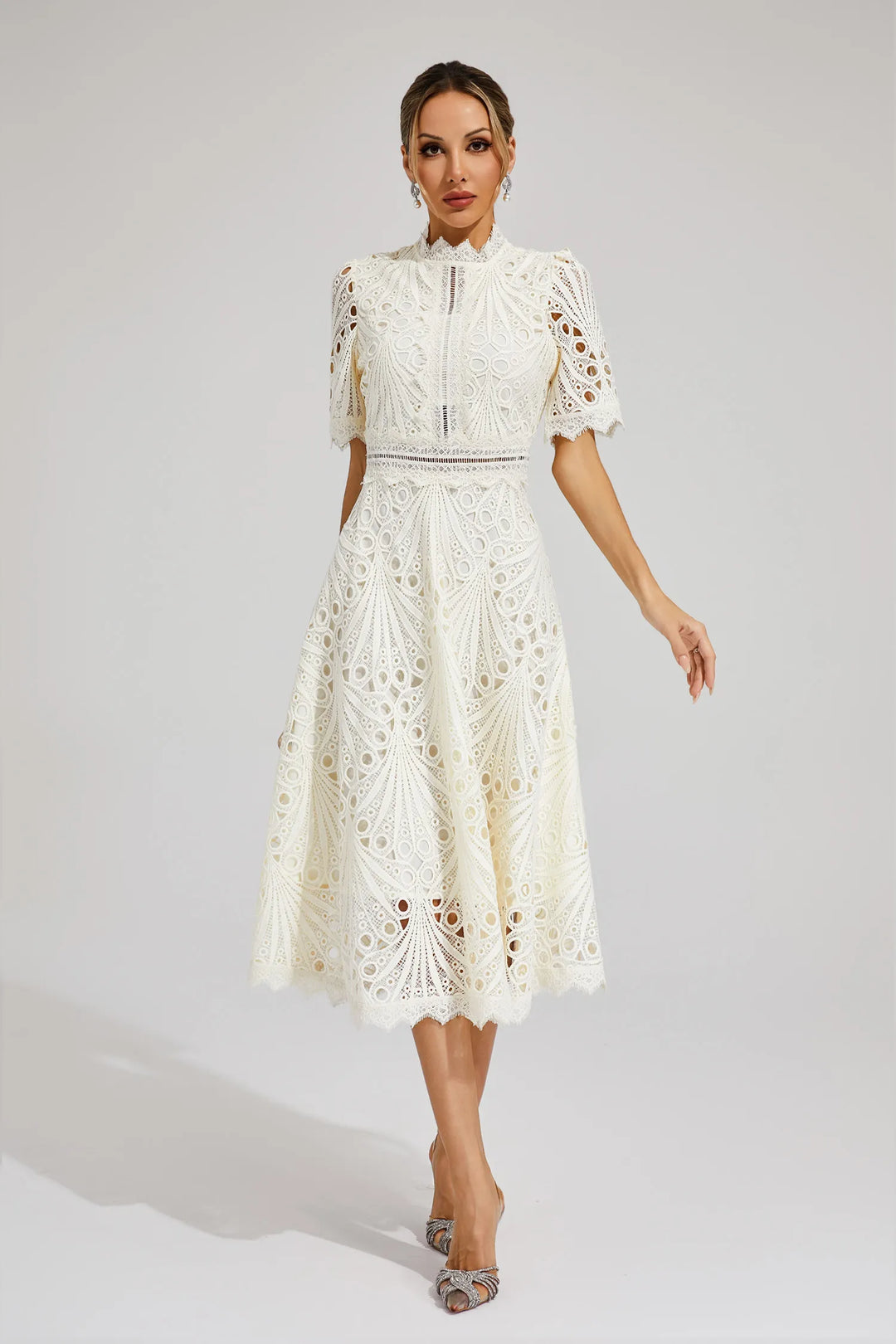 Elegant women's cocktail dress: lace A-line midi, fit & flare, mock neck, flattering silhouette.