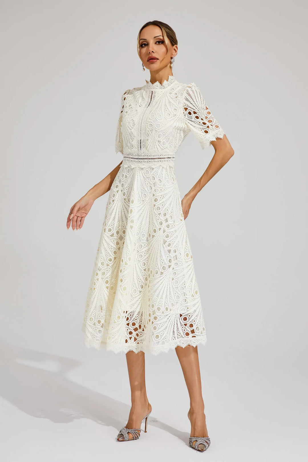 Classic A-line midi dress, women's lace. Fit & flare style, short sleeve, perfect for spring fashion.