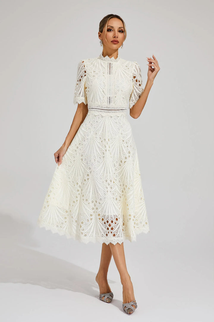 Chic mock neck lace midi dress, women's A-line fit & flare. Elegant for special occasions.