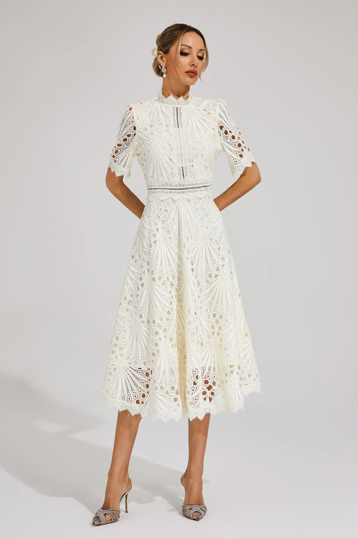Women's short sleeve lace midi dress. A-line fit & flare style, elegant and flattering.