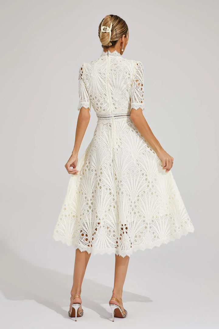 Women's party dress: elegant lace midi, A-line fit & flare, mock neck, perfect for cocktails.