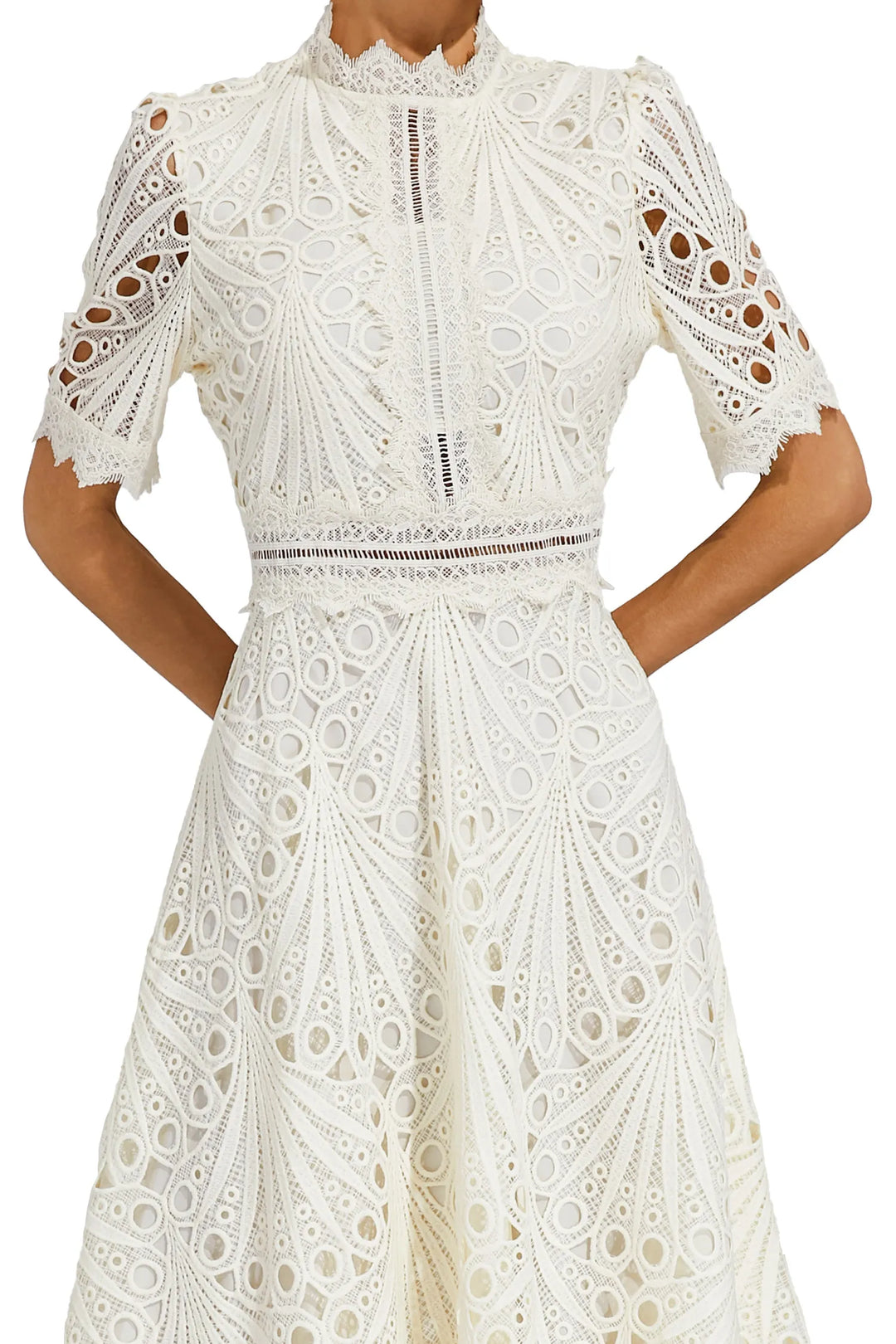 Special occasion lace midi dress for women. A-line fit & flare, mock neck, flattering.