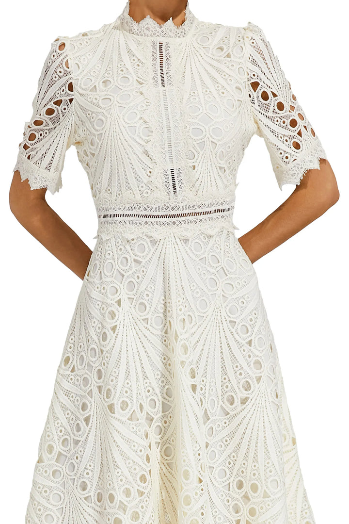Special occasion lace midi dress for women. A-line fit & flare, mock neck, flattering.