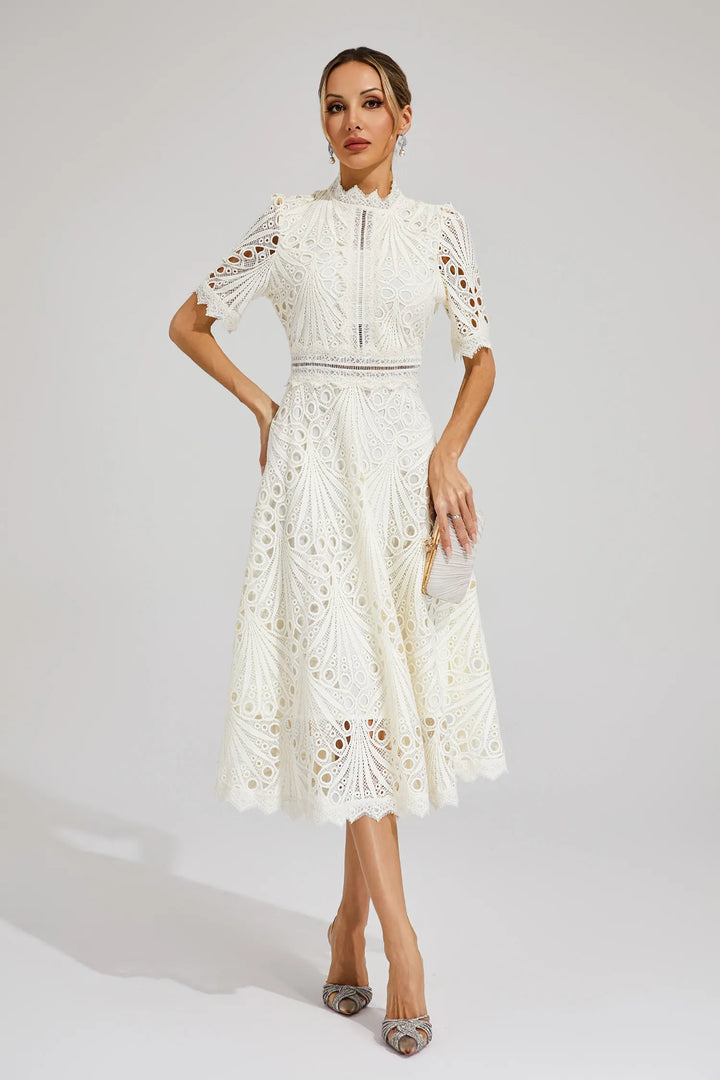 Spring/Fall elegant women's lace midi dress. A-line fit & flare, short sleeve, party ready.