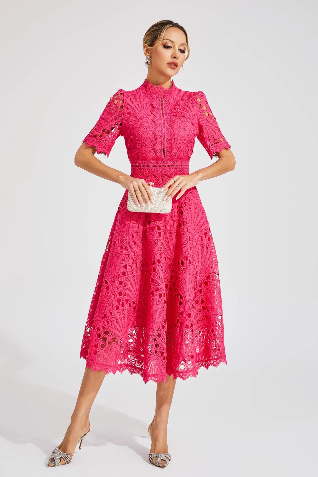 Flattering fit & flare lace midi dress for women. A-line silhouette, perfect cocktail or party attire.
