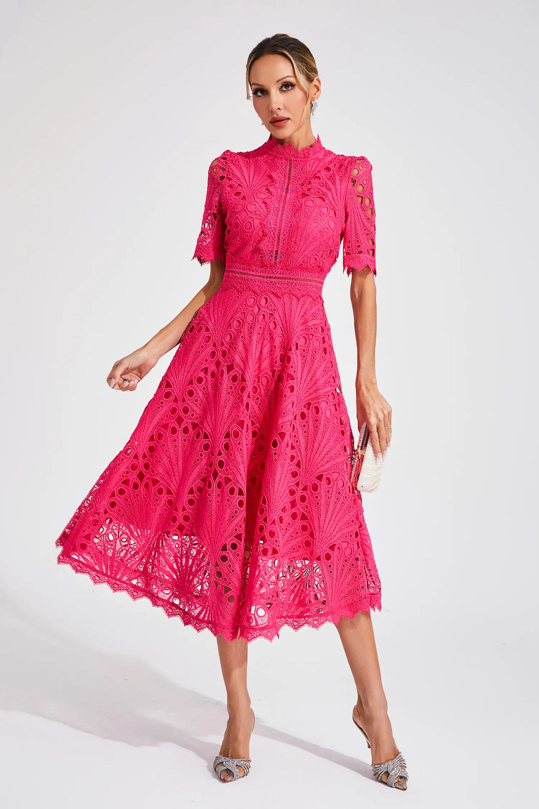 Elegant women's lace midi dress with mock neck & short sleeves. Ideal for cocktail parties & events.