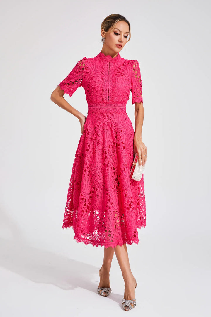 Spring/Summer women's lace A-line midi dress, fit & flare style. Perfect for special occasions.