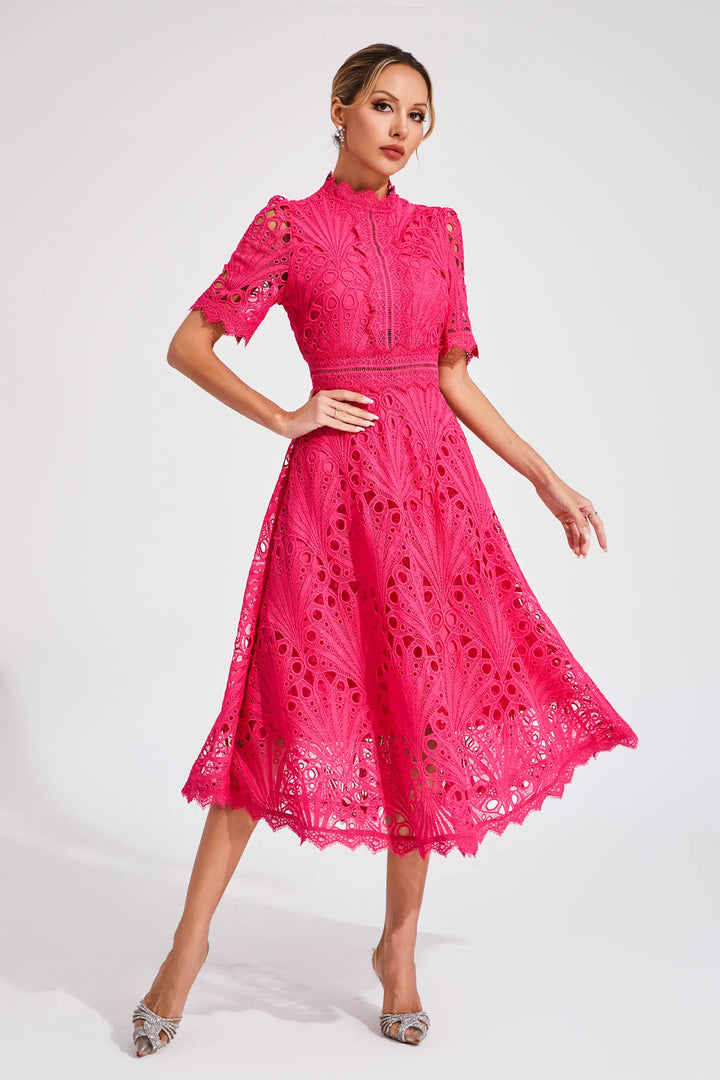 Fall attire: Chic lace A-line midi dress, mock neck, fit & flare. Elegant party dress for women.