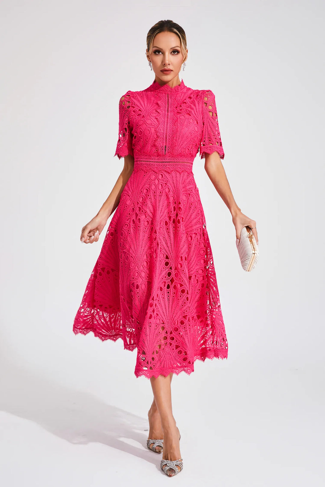 Delicate lace A-line midi dress for women. Fit & flare, short sleeves, elegant & flattering.