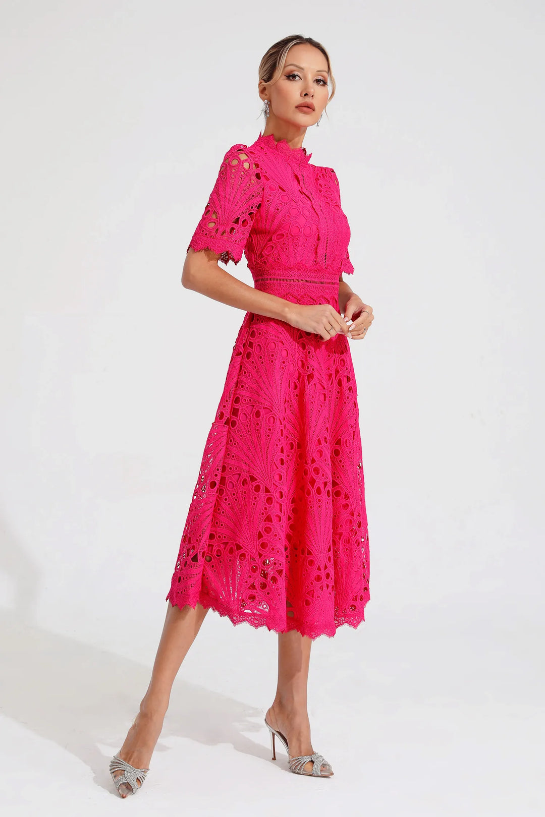Flattering women's A-line midi dress. Elegant lace, fit & flare, mock neck. Perfect for parties.