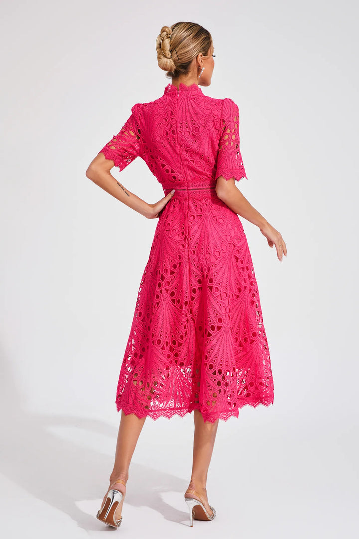 Sophisticated women's lace midi dress. A-line fit & flare, mock neck, short sleeve, special occasion.