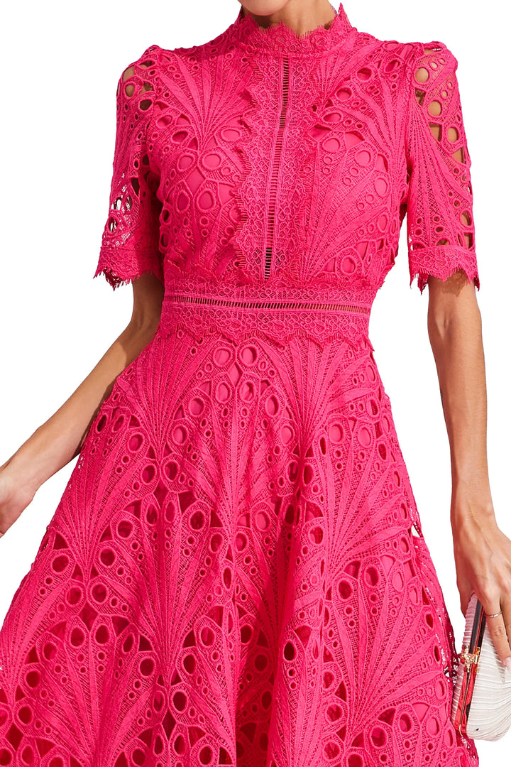Beautiful summer party dress: women's lace A-line midi, fit & flare, short sleeves.