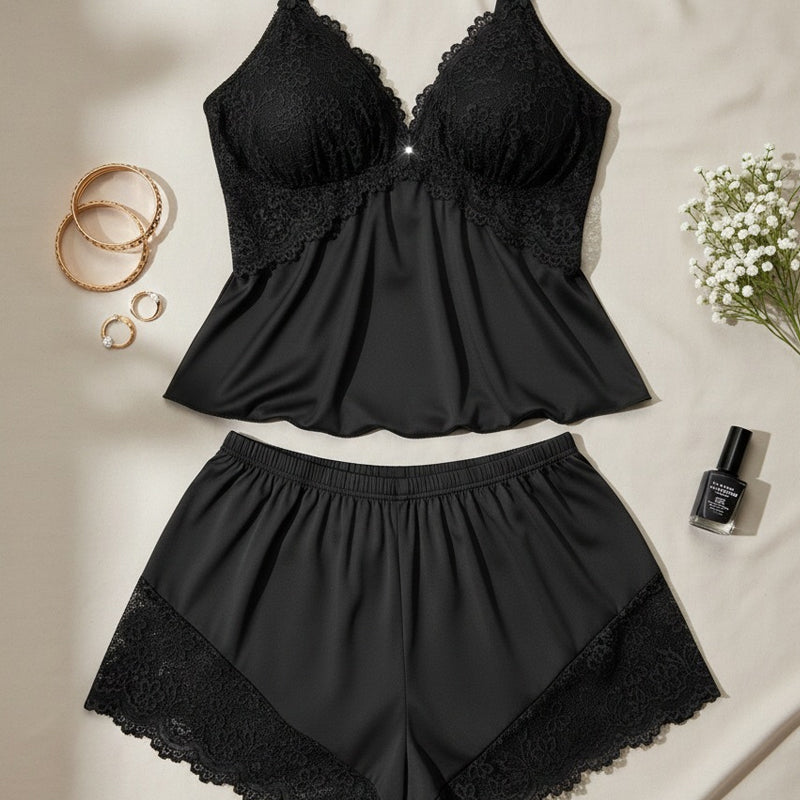 Silky satin feel women's pyjama set with lace trim shorts, soft & comfortable for evening wear.