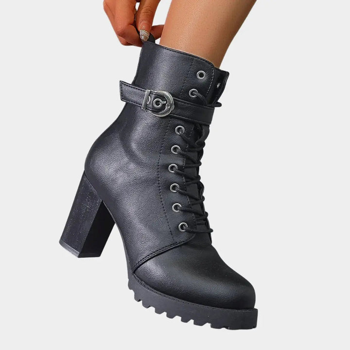 Women's fall/winter ankle boots: lace-up, buckle strap, comfortable block heel & durable lug sole.
