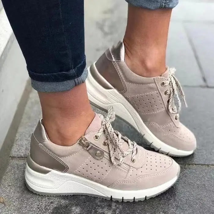 Women's casual comfort footwear: lace-up wedge platform sneakers with a convenient side zip.