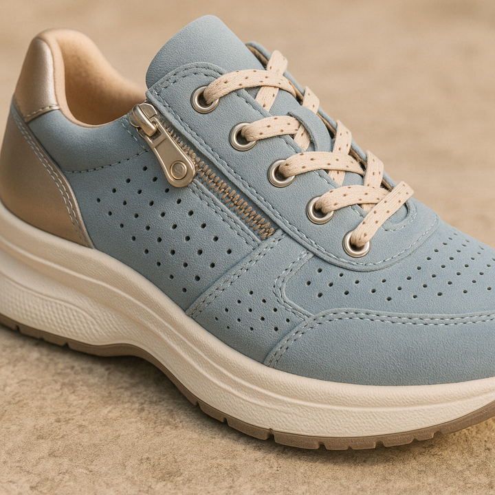 Stylish women's walking sneakers: lace-up, side zip, wedge platform, perforated for breathability & comfort.