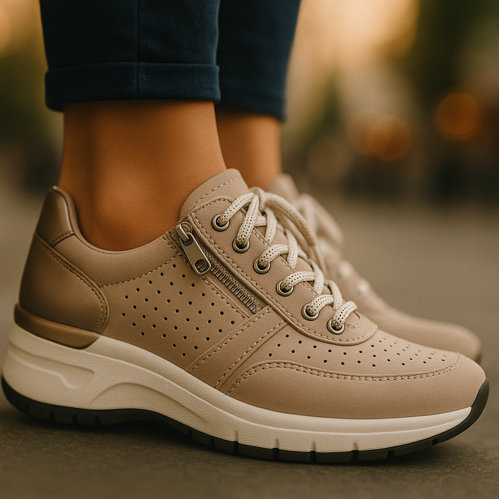 Breathable perforated women's sneakers: wedge platform, lace-up, side zip, designed for walking.