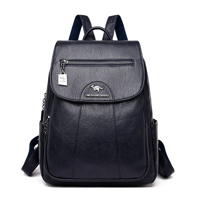Side profile of a genuine leather backpack, highlighting its size.