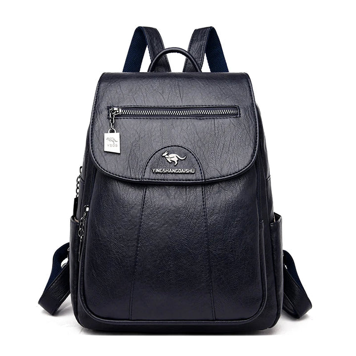 Side profile of a genuine leather backpack, highlighting its size.