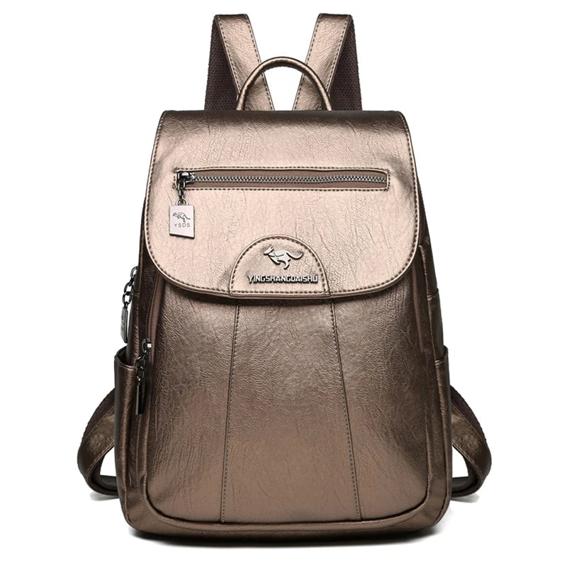 Lifestyle image of a woman using the leather anti-theft backpack.