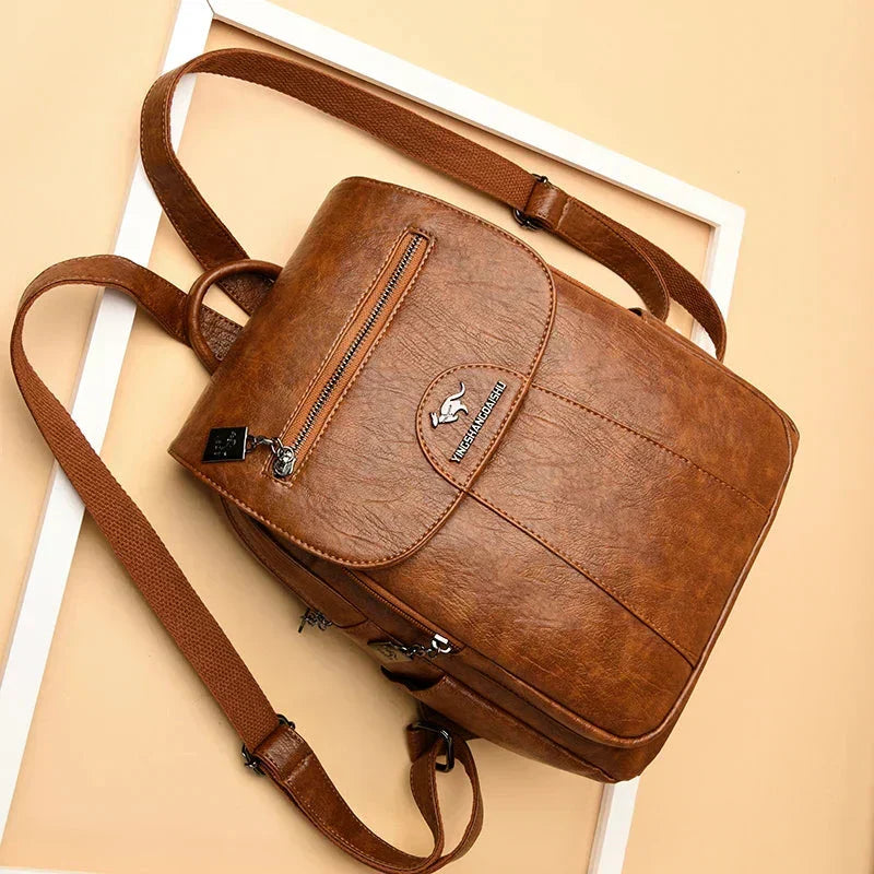 Stylish genuine leather backpack for women, perfect for travel.