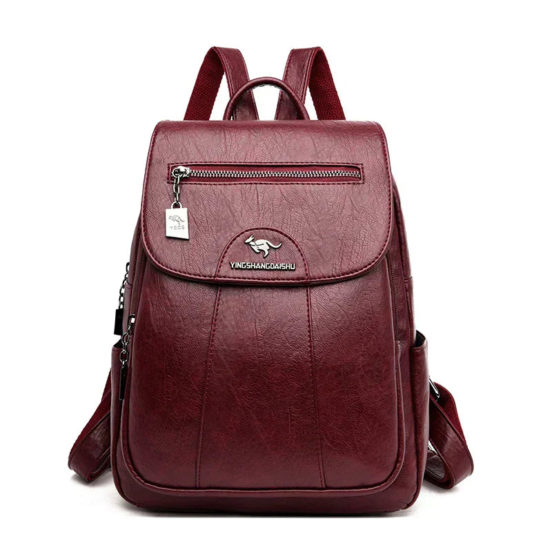 Interior view of the spacious women's leather travel backpack.