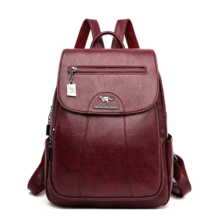 Interior view of the spacious women's leather travel backpack.