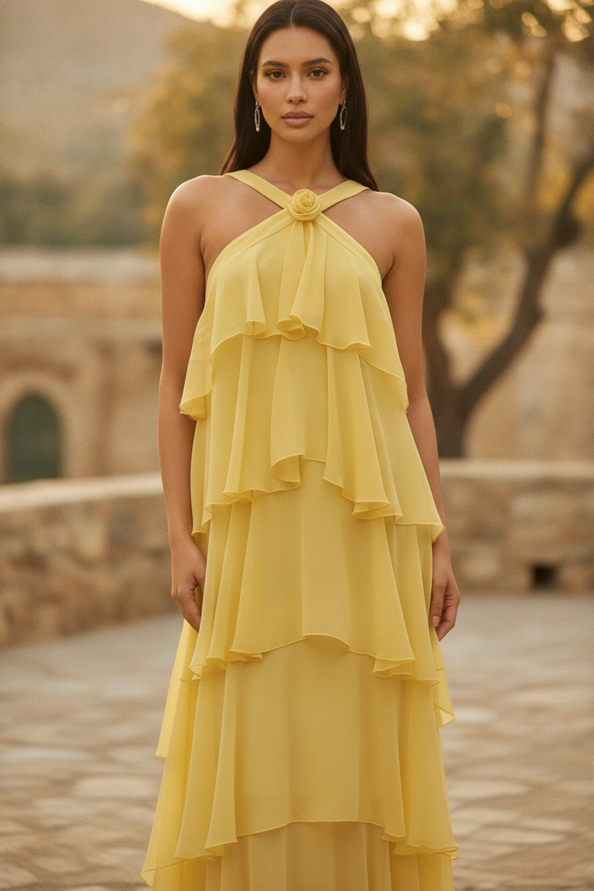Women's layered yellow halter neck maxi dress with floral rosette, perfect for elegant special occasions or a wedding guest.