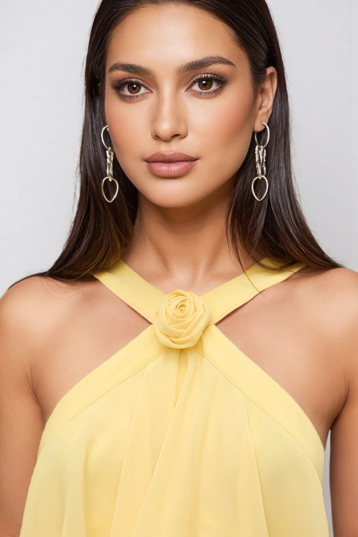 Chic yellow layered maxi dress for women, halter neck design, elegant for special occasions or party wear.