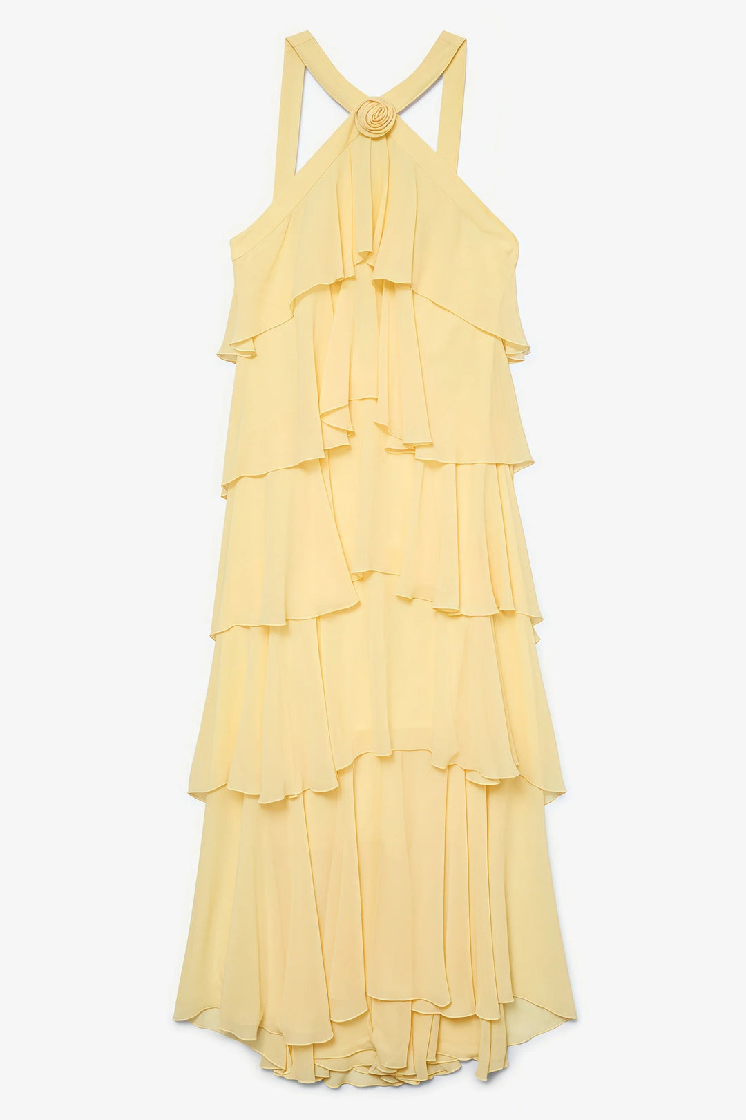 Vibrant yellow layered maxi dress with halter neck & floral rosette, a stunning choice for summer special occasions.