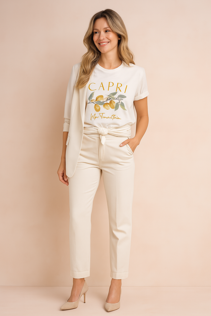 Women's lemon print capri t-shirt, short sleeve summer top for effortless casual wear.
