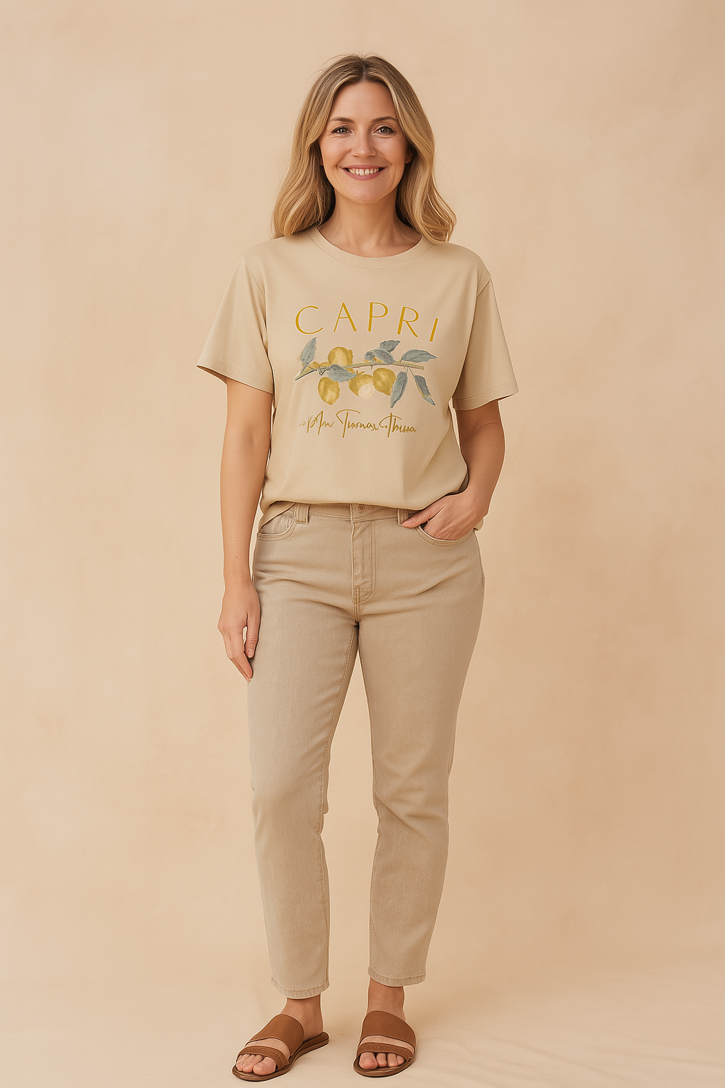 Stylish women's short sleeve graphic tee with vibrant lemon print, perfect for summer casual & vacation.