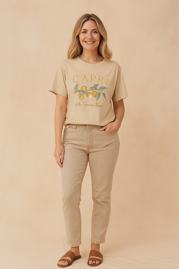 Stylish women's short sleeve graphic tee with vibrant lemon print, perfect for summer casual & vacation.