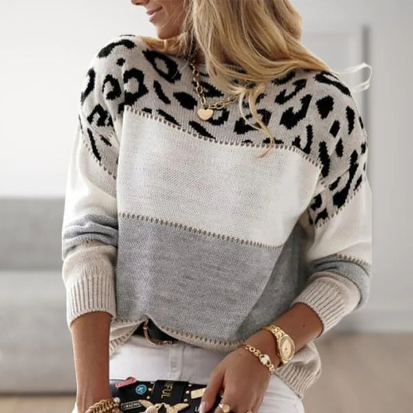 Comfortable women's leopard print & color-block sweater, perfect for autumn winter chic style.