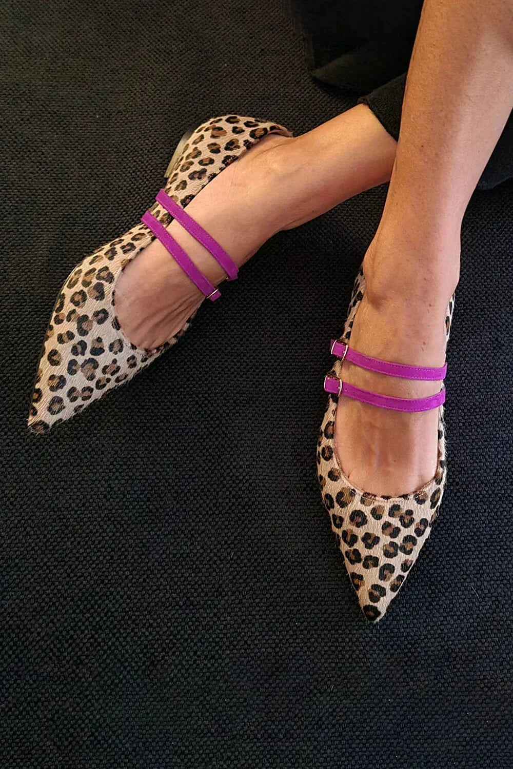 Women's Leopard Print Double-Strap Mary Jane Flats with pointed toe, stylish and comfortable for everyday wear.