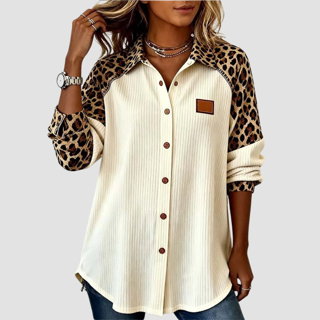 Women's leopard print long sleeve shirt with point collar, relaxed fit.